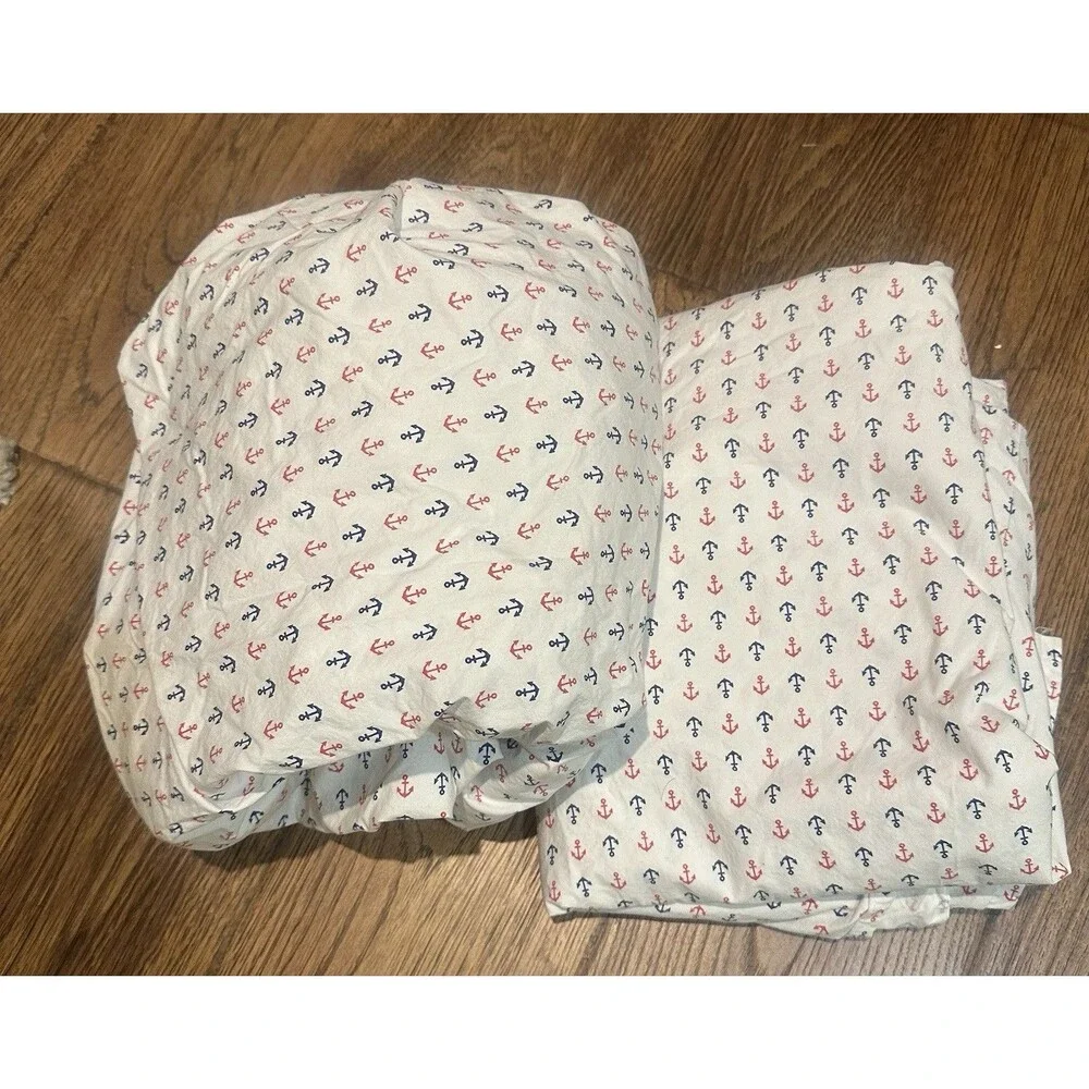Ralph Lauren Full Sheet Set Nautical Anchor Print Coastal Cotton Flat Fitted